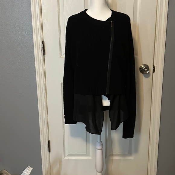 Chico’s zippered woven mixed Minerva cardigan sweater with sheer undergarment - Picture 1 of 3